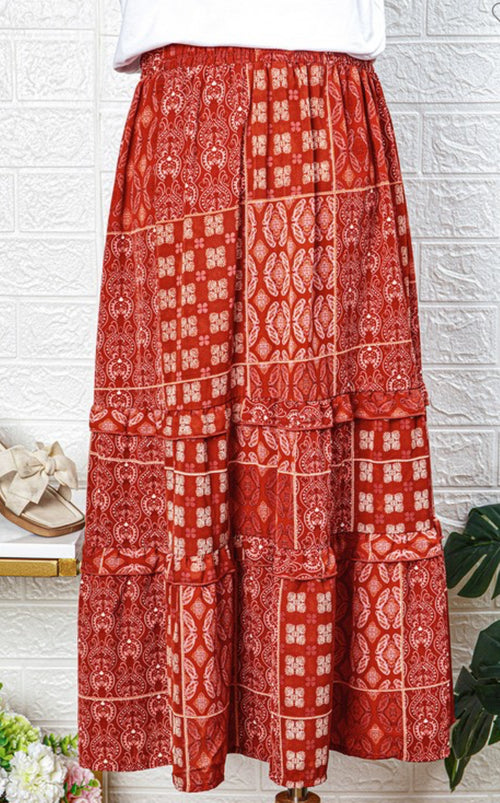 Bohemian Mix Print Long Flared Skirt