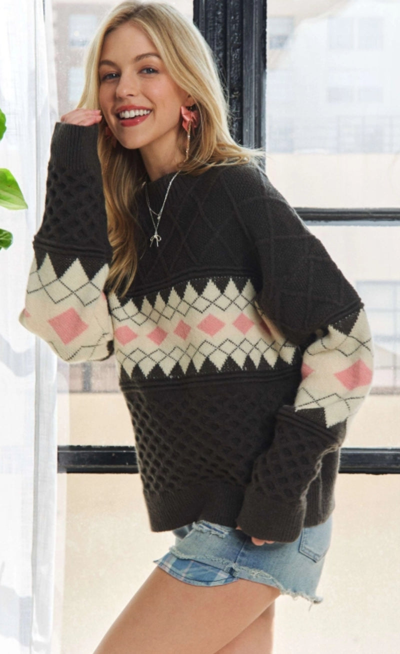 Charcoal Geo Design Waffle Knit Sweater