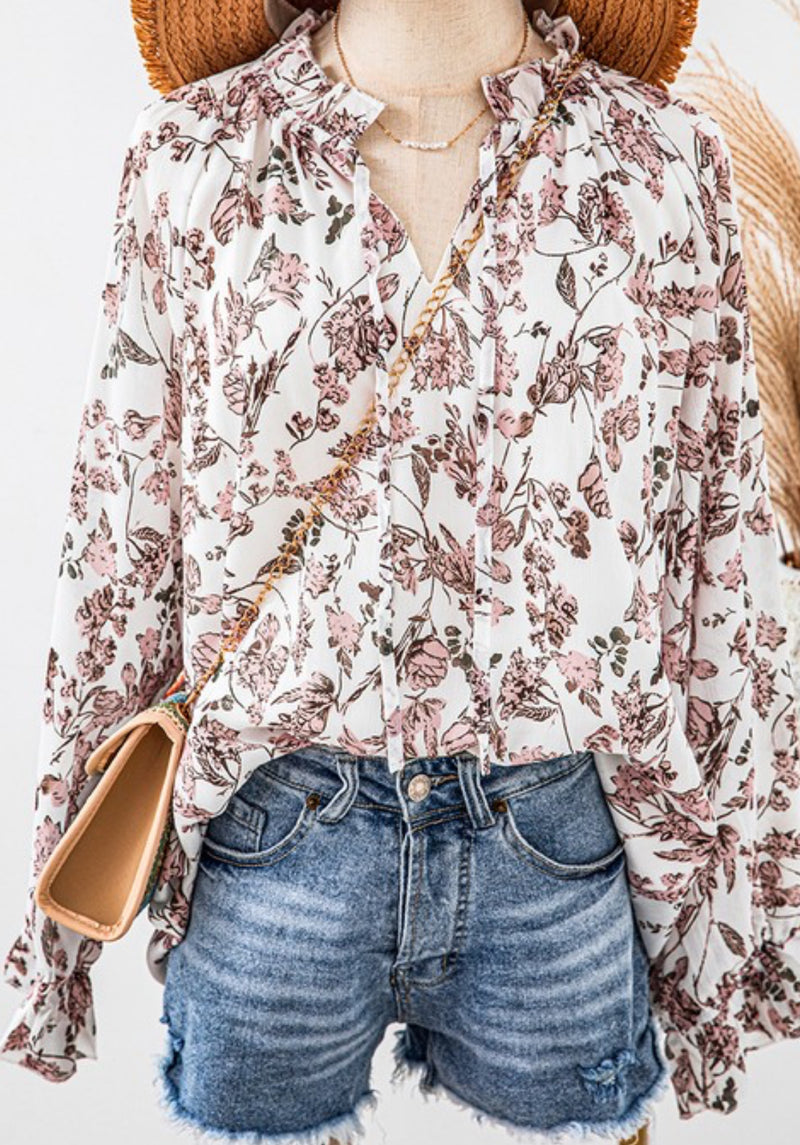 Floral Print Split V Neck Bubble Sleeve Blouse