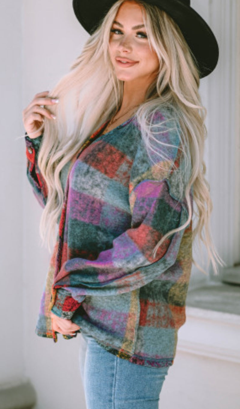 Jewel Toned Checked Light Fleece Cardigan