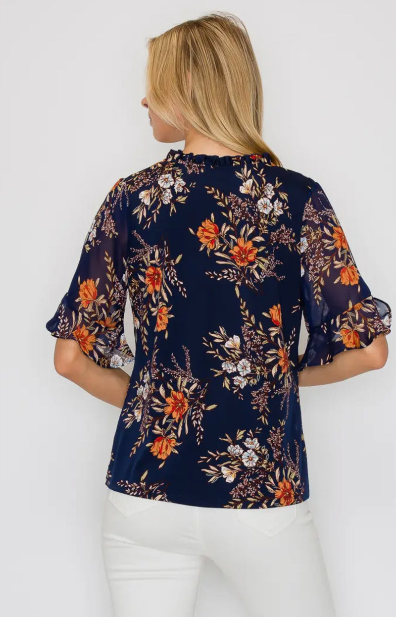 Navy Ruffle Flutter Sleeve Blouse