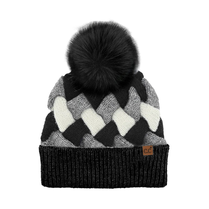 Chunky Weaved Faux Fur C.C Pom Beanie in Beige, Pink or Black