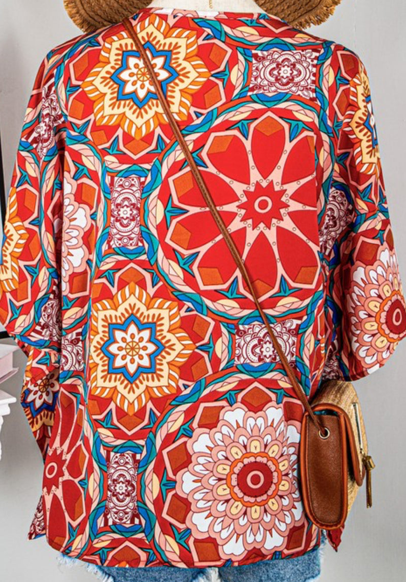 Boho Floral Batwing Sleeve V Neck Blouse