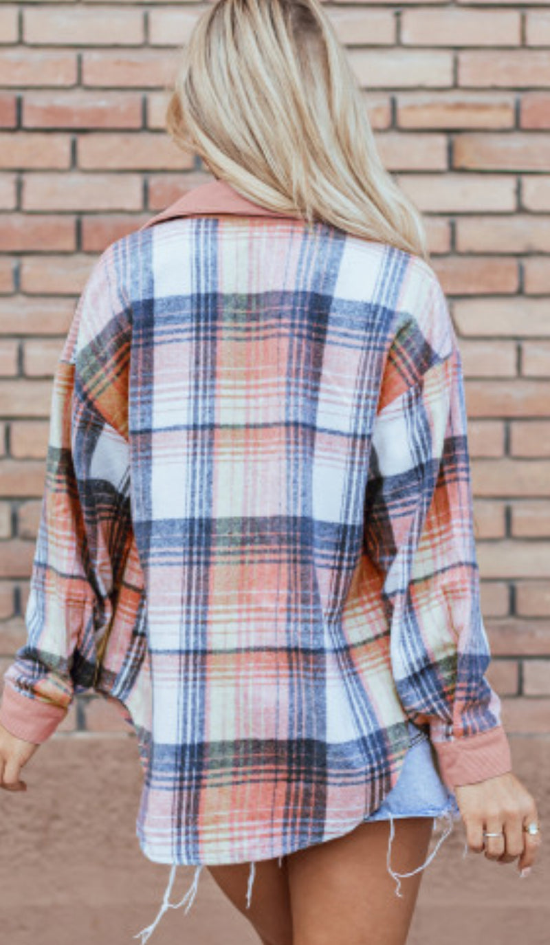 Pink Plaid Corduroy Accent Shacket