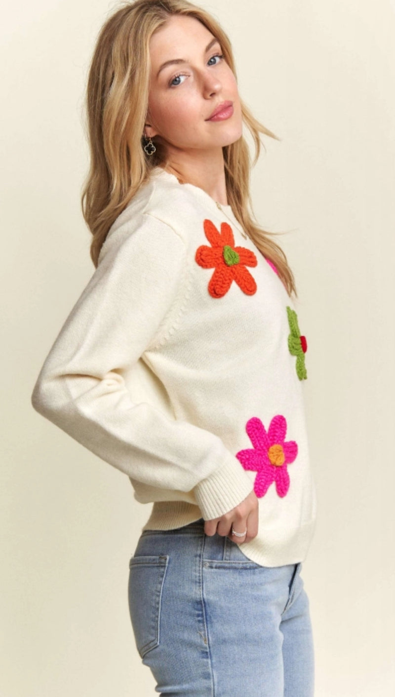 Ivory Flower Patch Sweater