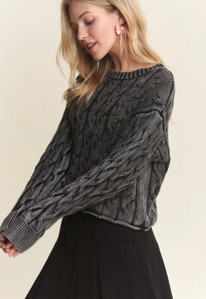 Mineral Washed Cable Knit Crop Sweater