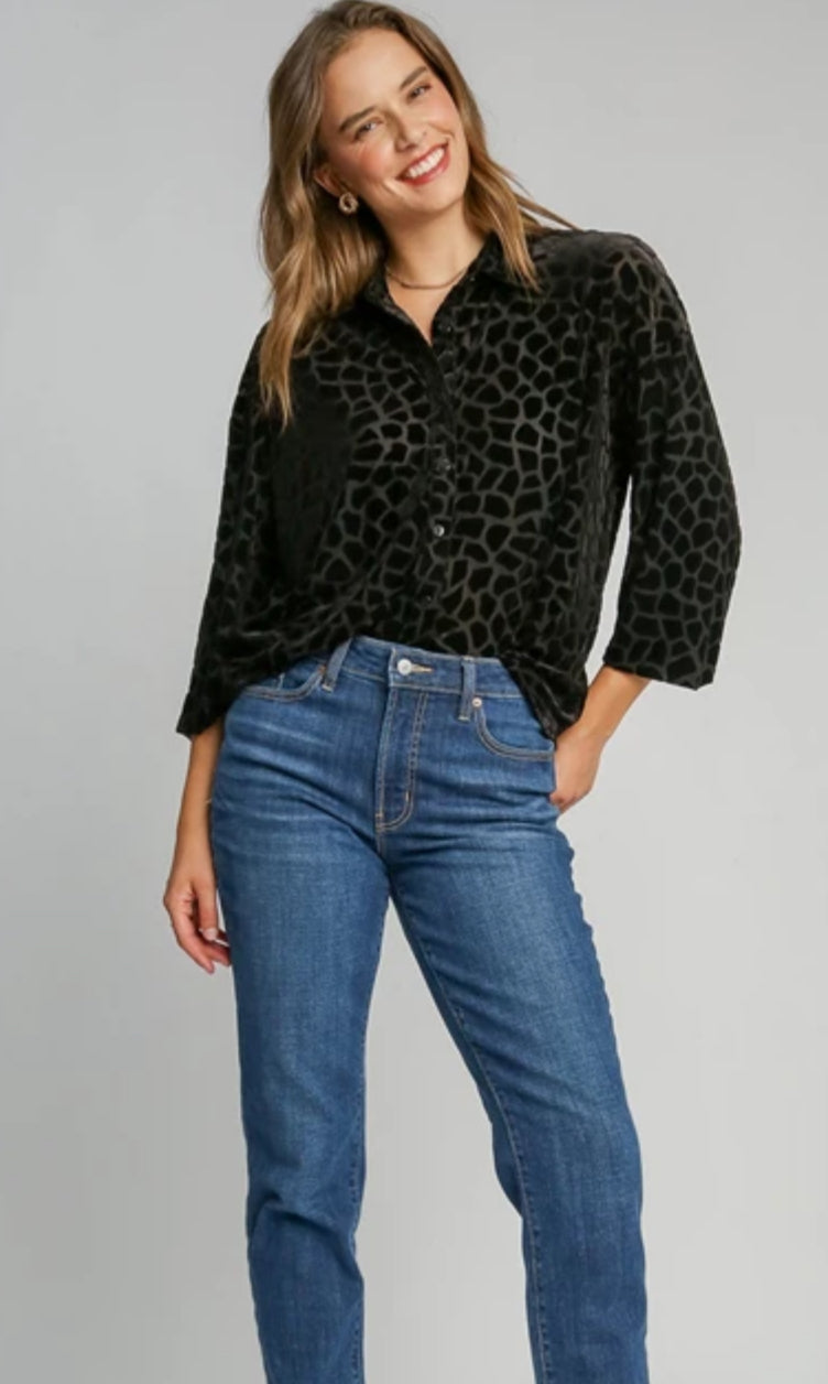 Button-Down Print Burn-Out Velvet Blouse