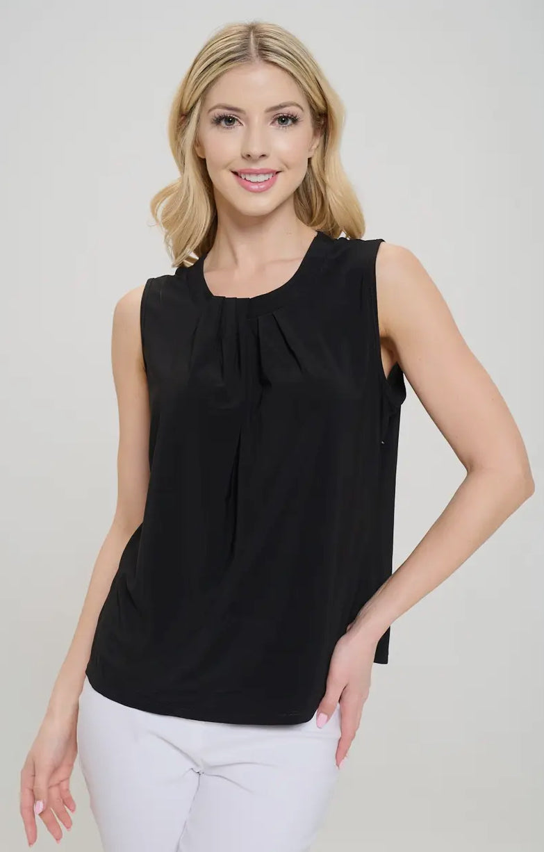 Pleated Black Pullover Sleeveless Shell Blouse