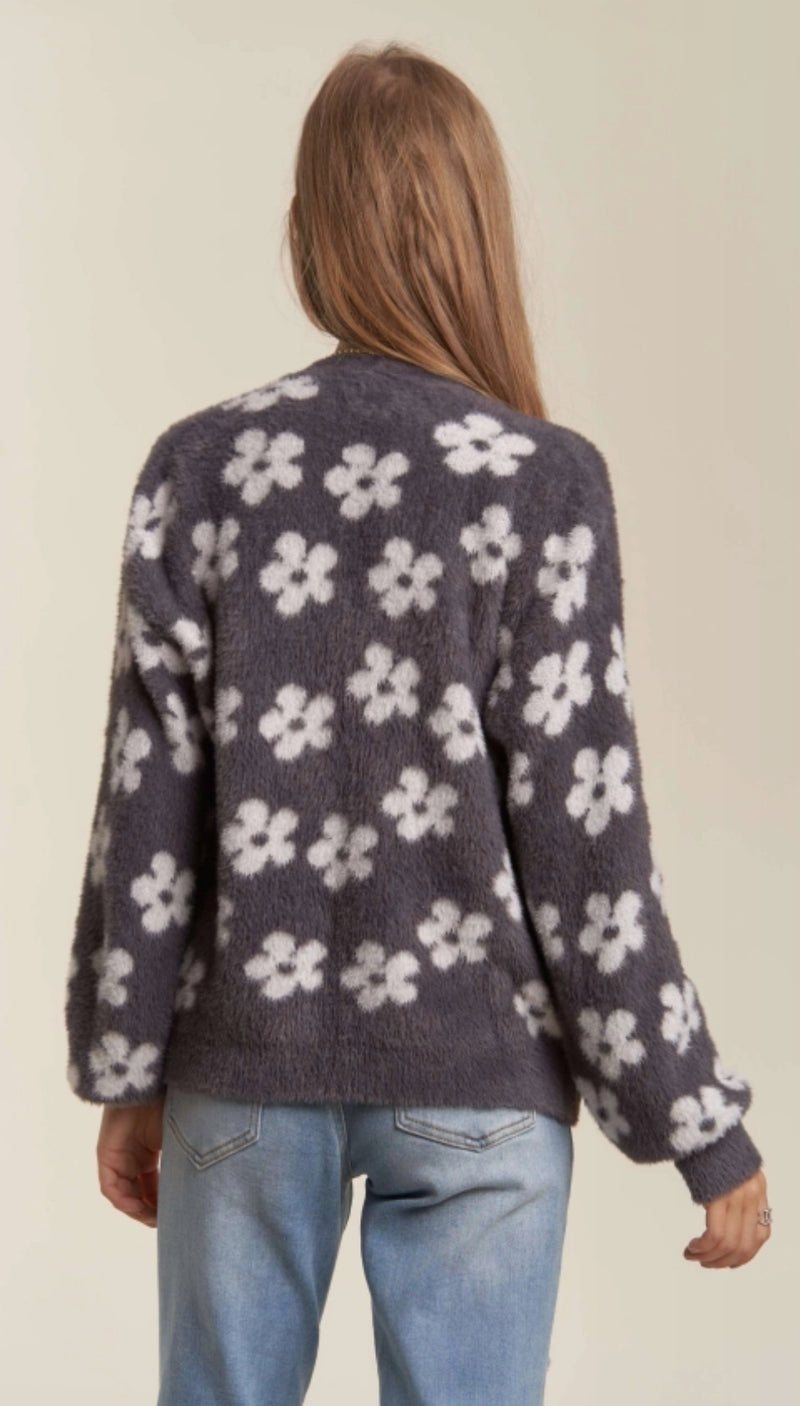 Charcoal Flower Fuzzy Cardigan