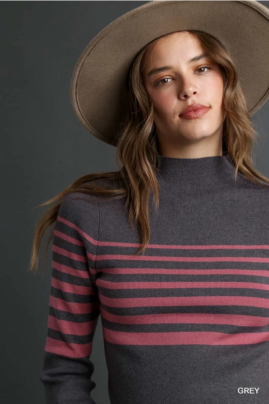 Mock Neck Striped Rib Knit