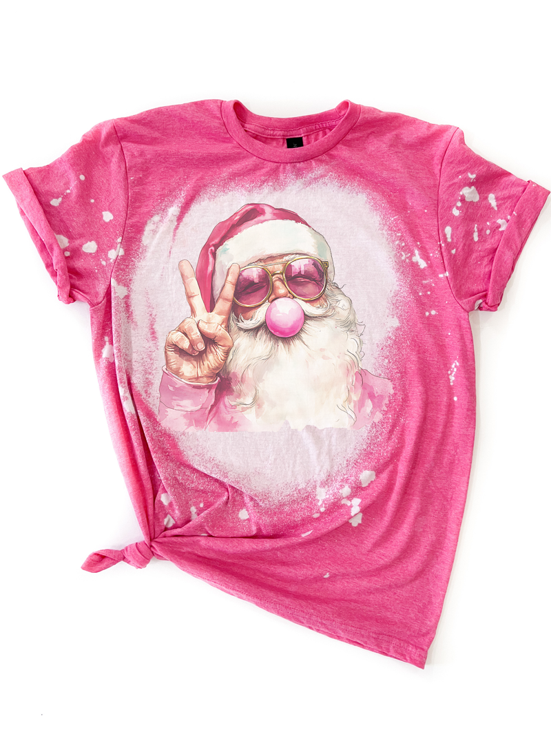 Hot Pink Santa Bubblegum Peace Sign Christmas Bleached Tee