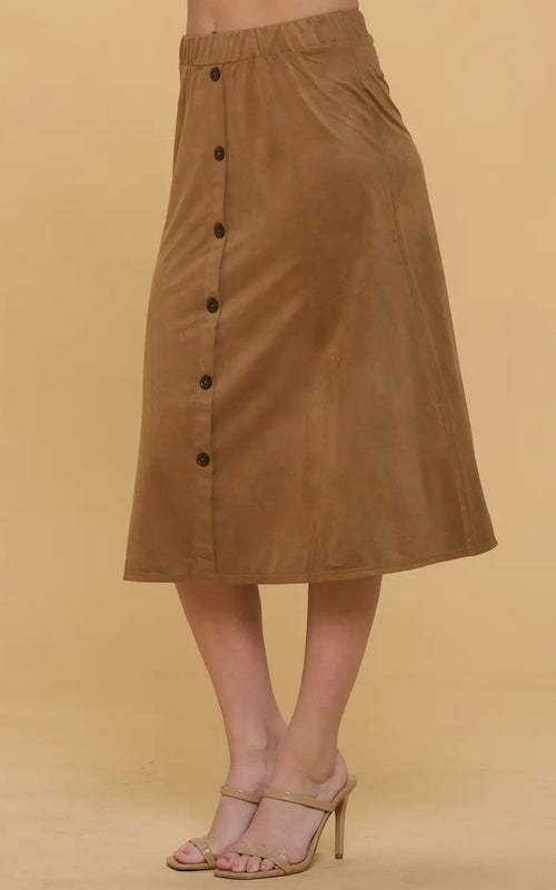 A-line Button Down Faux Suede Skirt