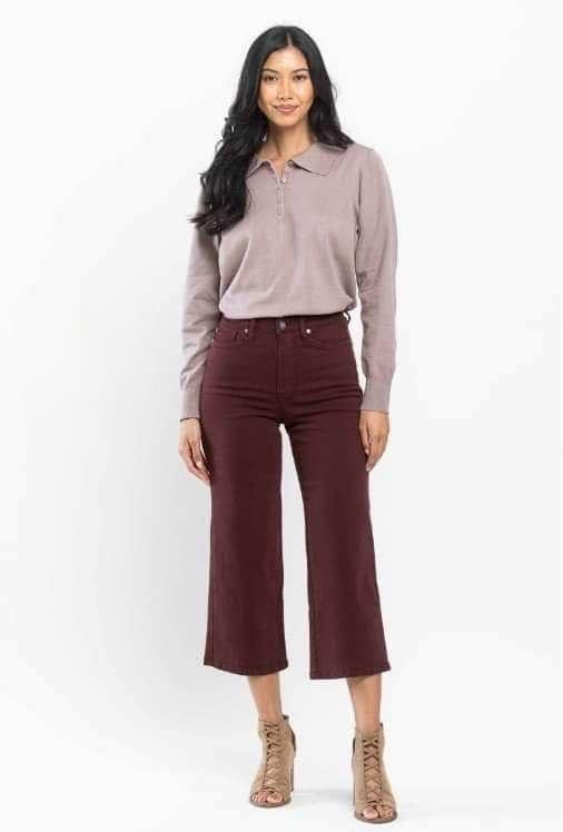 Judy Blue Oxblood Tummy Control Cropped Wide Leg Jeans