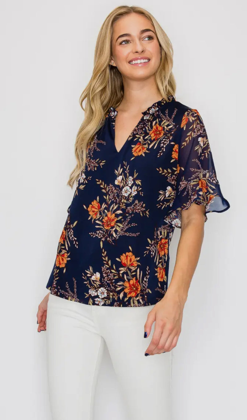 Navy Ruffle Flutter Sleeve Blouse