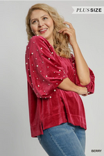 Restock--Elegant Velour Pearl Detail Blouse