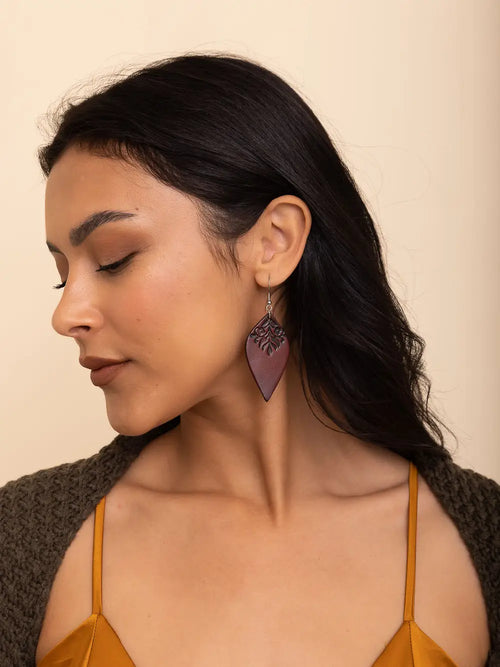 Engraved Leaf Leather Earrings