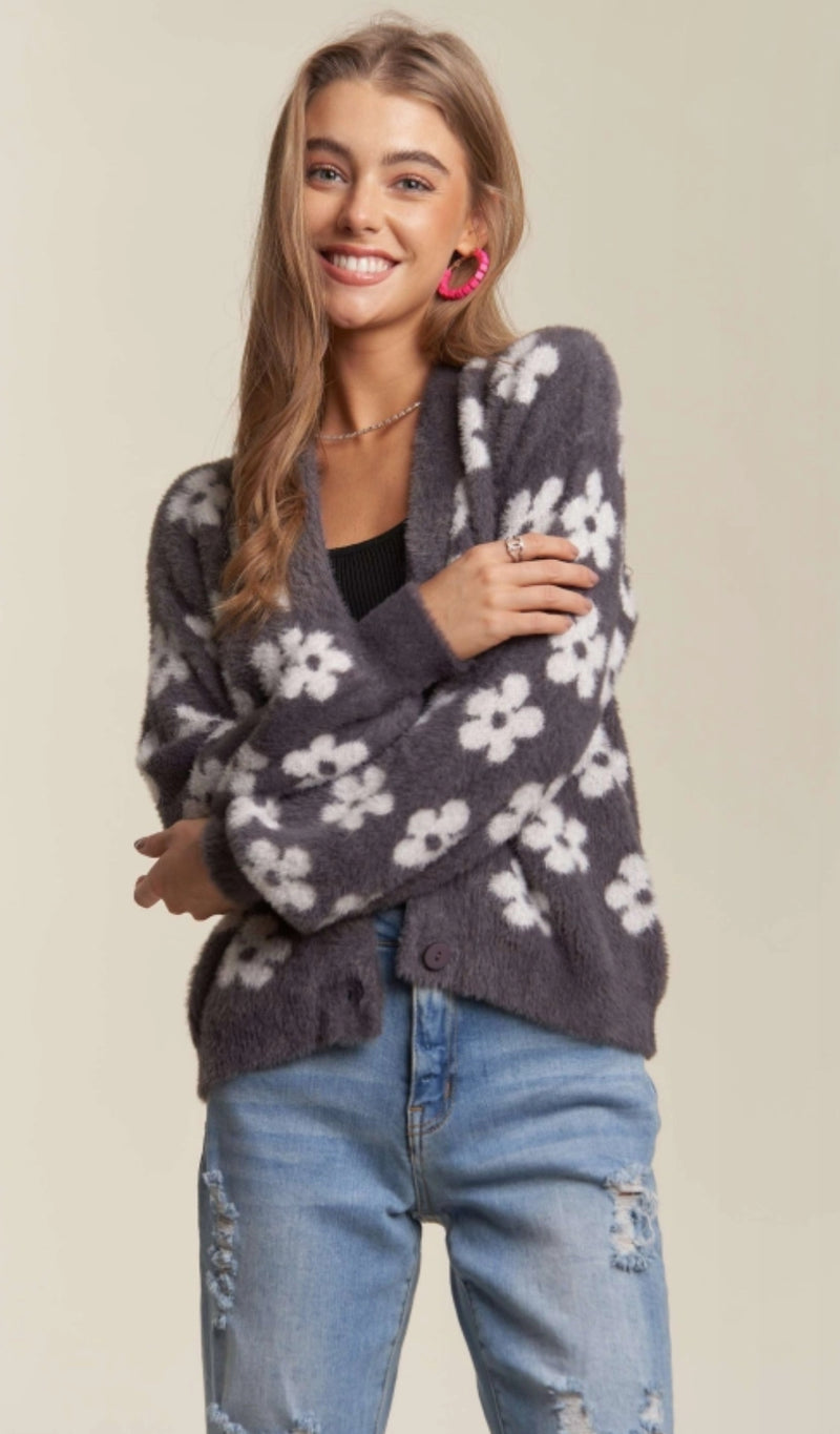 Charcoal Flower Fuzzy Cardigan