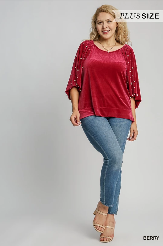 Restock--Elegant Velour Pearl Detail Blouse