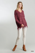 Frayed Edge Soft Sweater in Wine and Olive