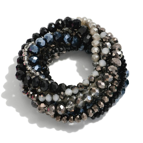 Set of Eight Monochromatic Glass Beaded Stretch Bracelets