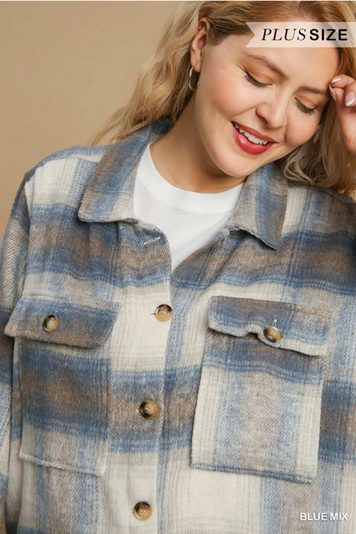 Plaid Cropped Jacket Blue Mix in Plus and XL