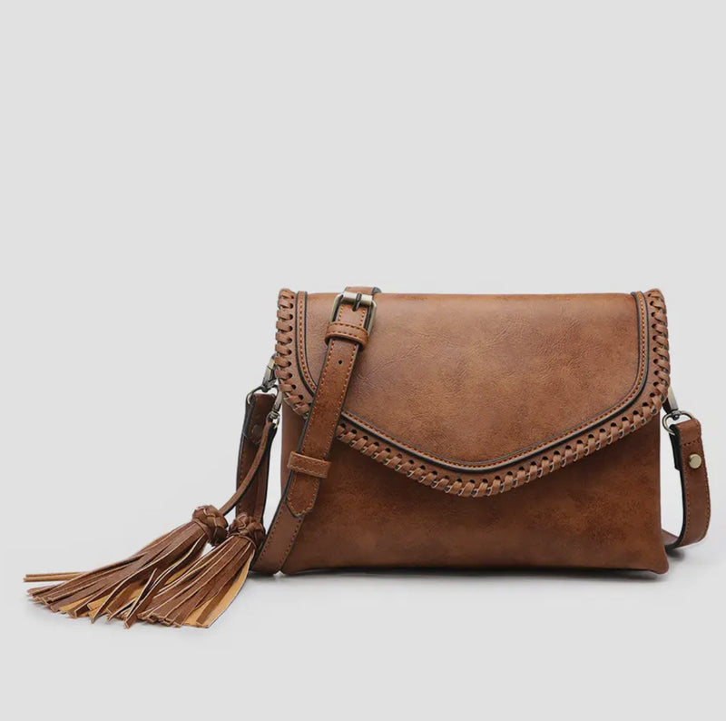 Cross-Body Medium Sized Bag with Whipstitch in Black, Saddle Brown or Coffee