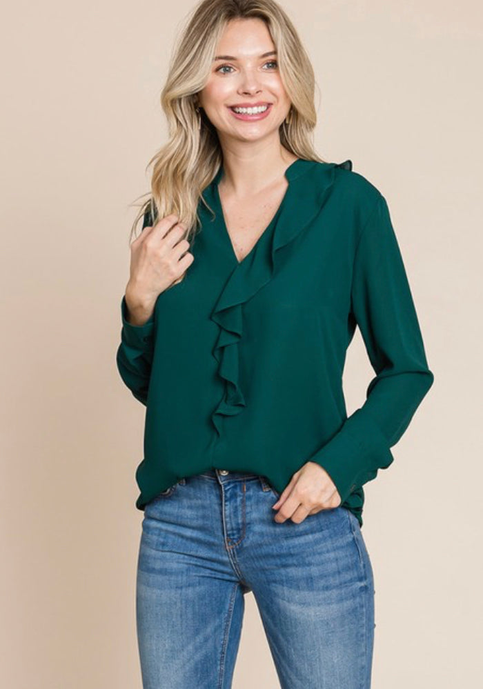 Subtle Ruffle Blouse in Black and Forest Green