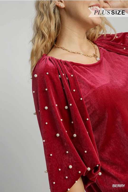 Restock--Elegant Velour Pearl Detail Blouse