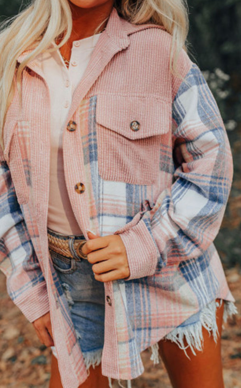 Pink Plaid Corduroy Accent Shacket