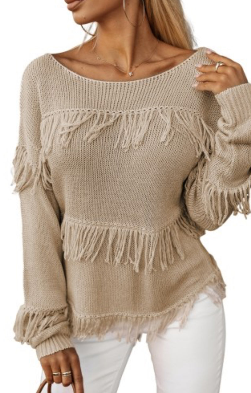 Beige Fringe Swing Sweater