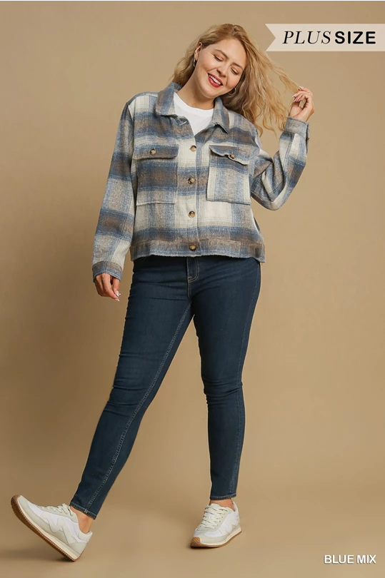 Plaid Cropped Jacket Blue Mix in Plus and XL