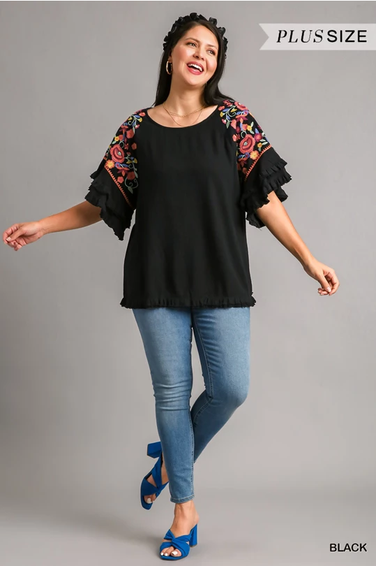 Floral Embroidered Frayed Sleeve Blouse Plus