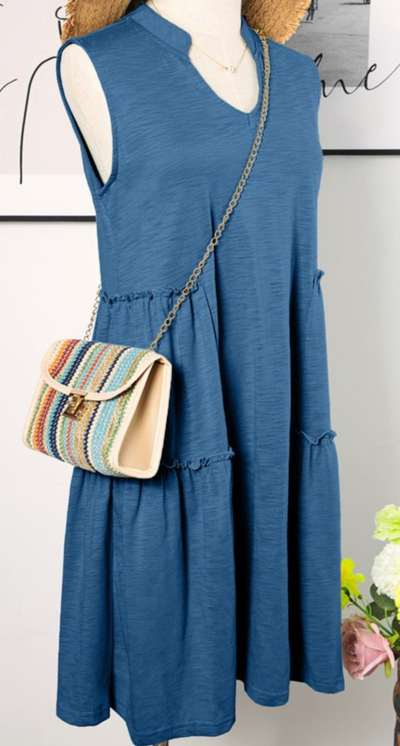 Notch Collar Tiered Sleeveless Dress