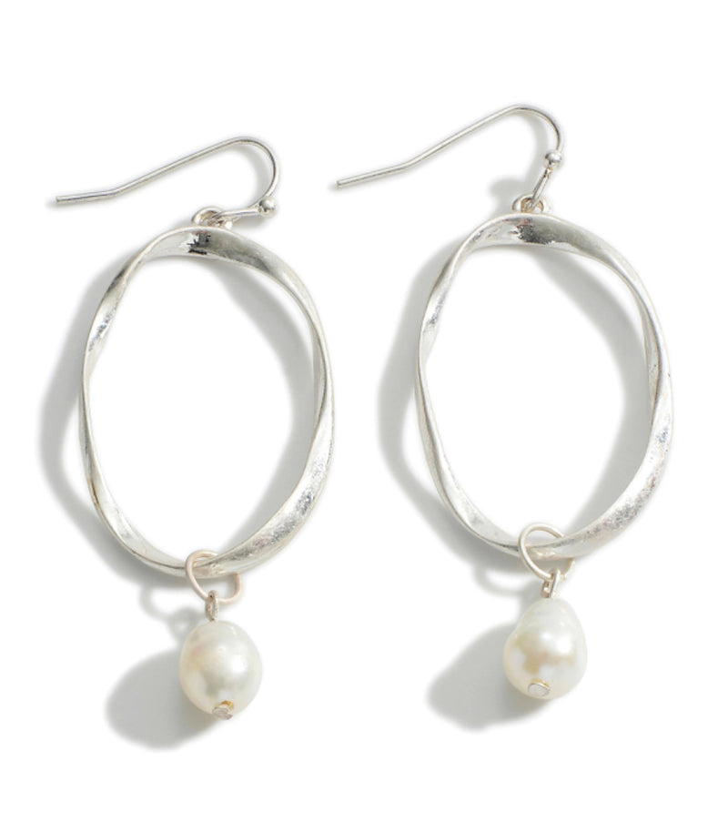 Silver Metal Drop Earrings with Faux Pearl Accent
