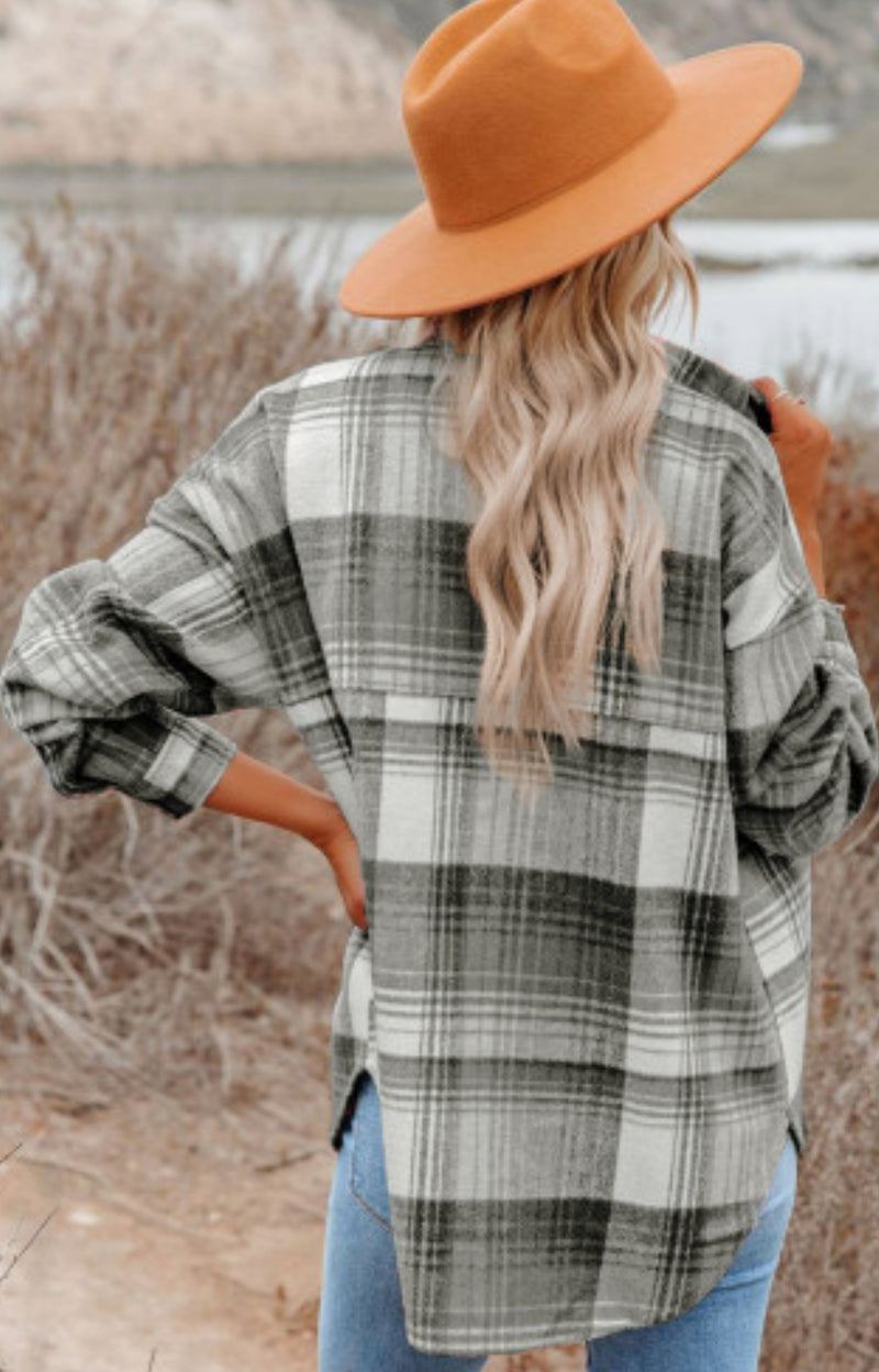 Black and Grey Plaid Casual Shacket