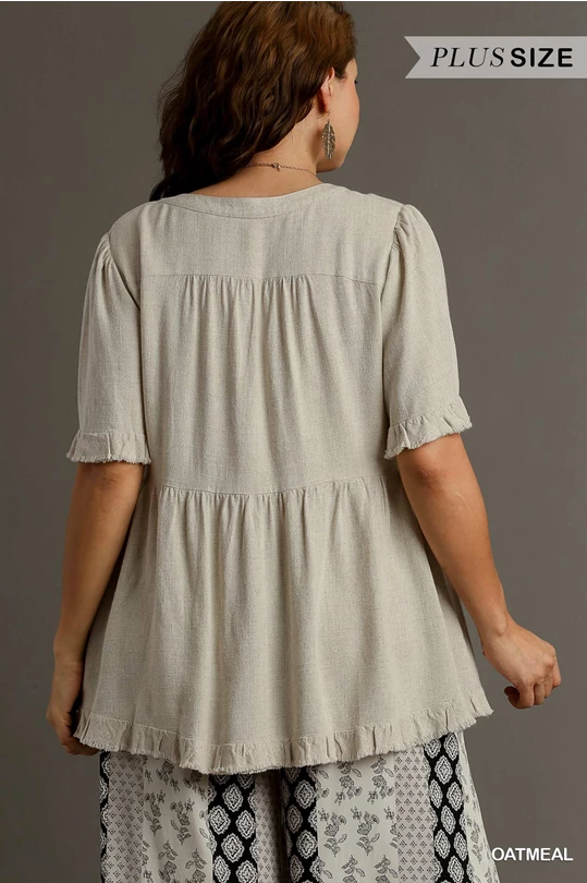 Linen Split Neck Top Plus