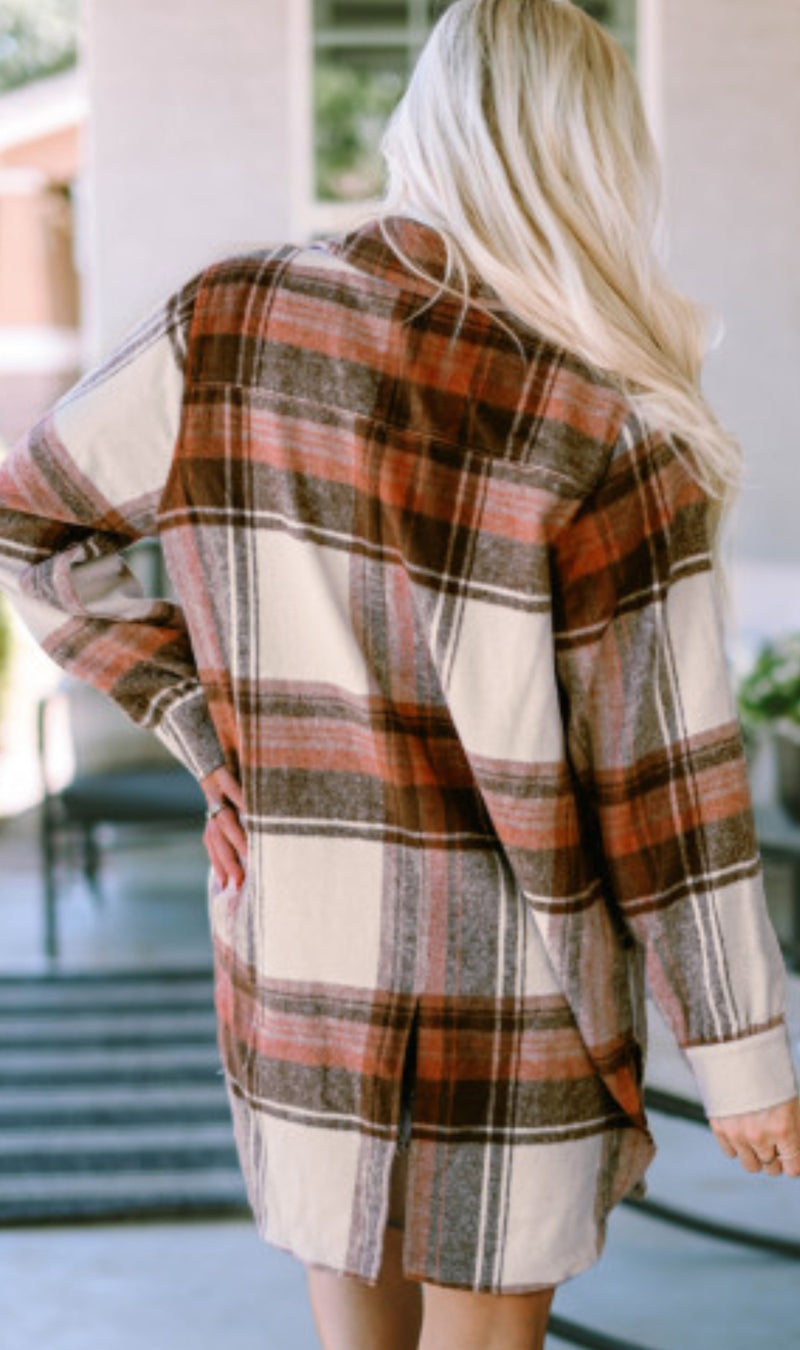 Long Cinnamon Plaid Shacket