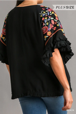 Floral Embroidered Frayed Sleeve Blouse Plus