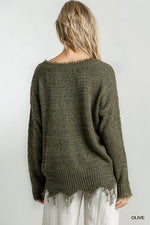 Frayed Edge Soft Sweater in Wine and Olive