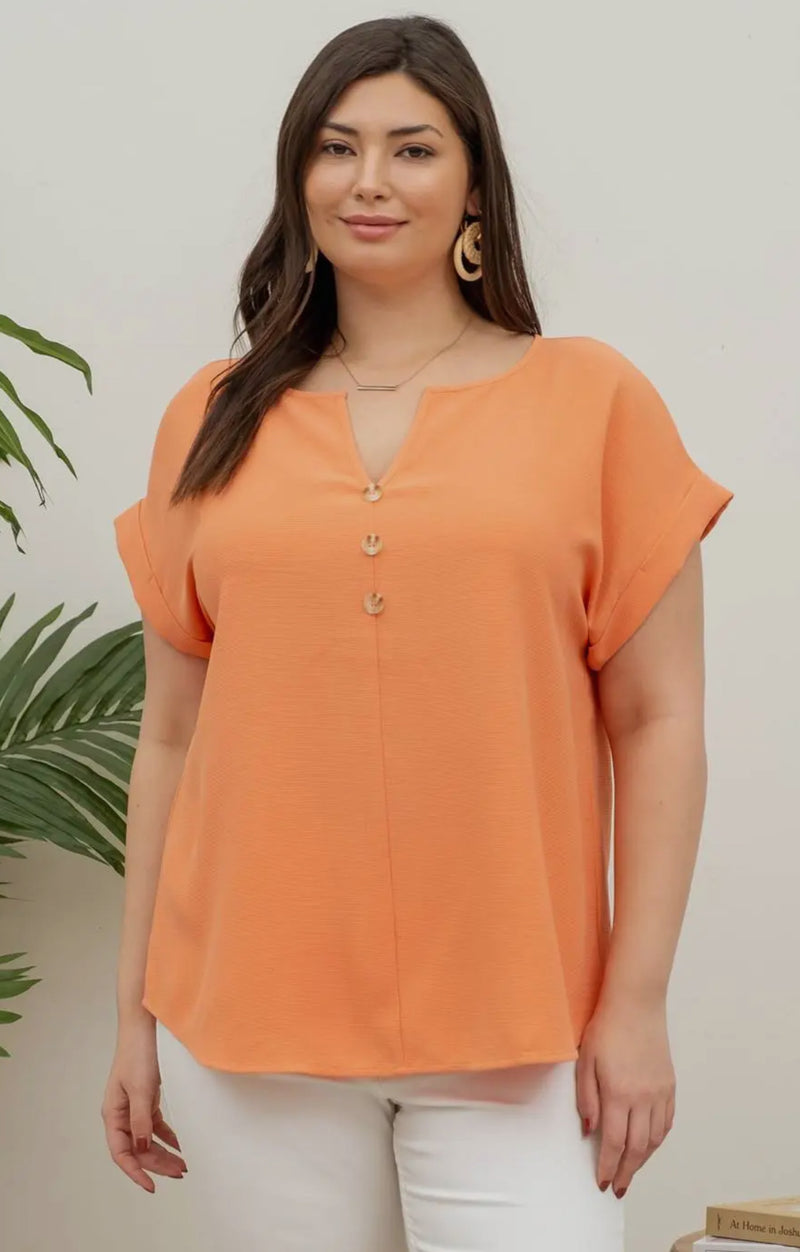 Soft Orange V Neck Blouse in XL-Plus