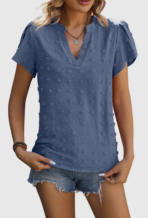 Swiss Dot Detail Blouse in Dusty Blue and White
