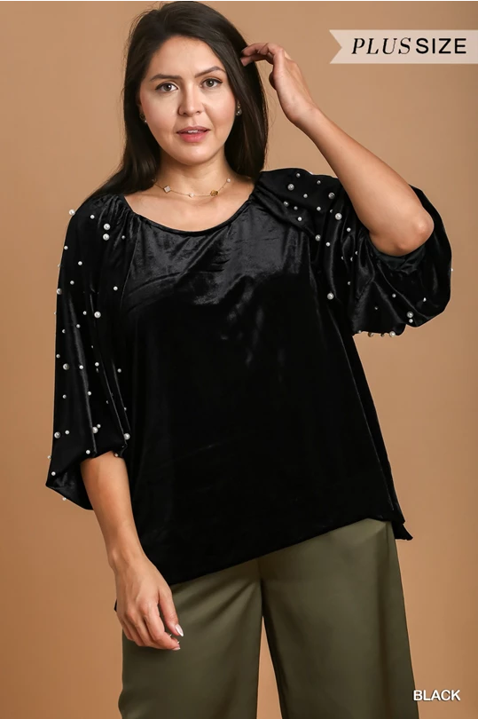 Restock--Elegant Velour Pearl Detail Blouse