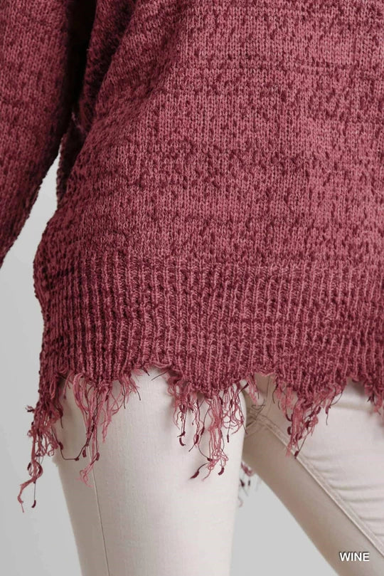 Frayed Edge Soft Sweater in Wine and Olive