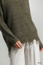 Frayed Edge Soft Sweater in Wine and Olive