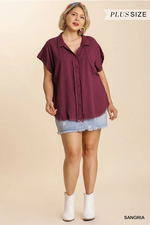 Linen Button Down Frayed Detail PLUS and XL Top in 2 Colors