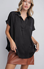 Satin Drop-Shoulder Pleated Blouse