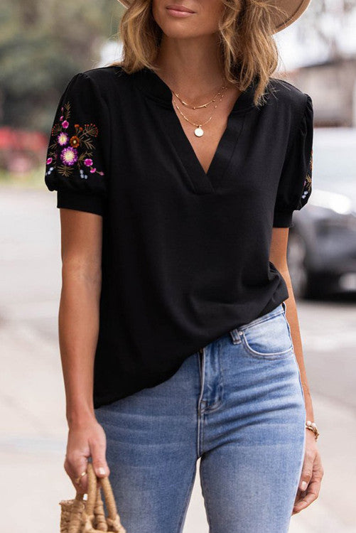 V-Neck Puff Sleeved Embroidered Blouse