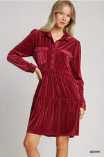 Berry Ribbed Velvet Button Down Dress