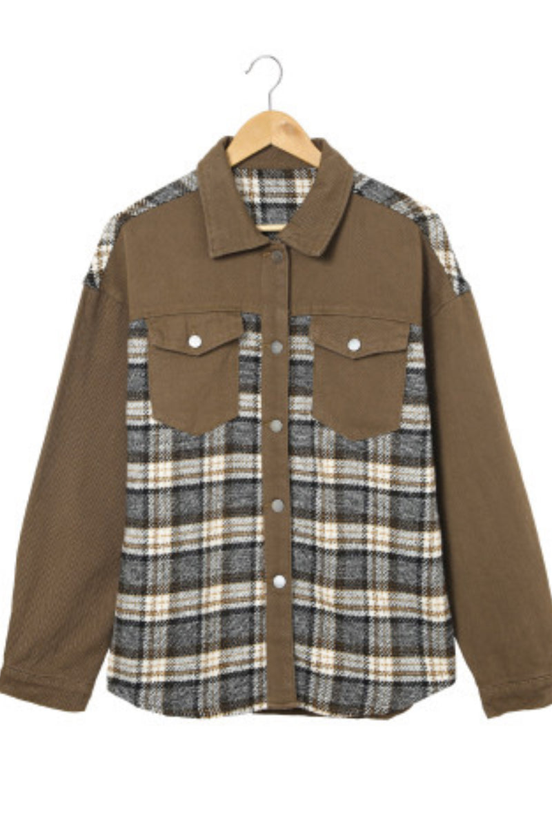 Dark Brown Twill and Plaid Shacket with Snaps