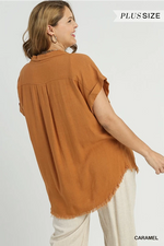 Linen Button Down Frayed Detail PLUS and XL Top in 2 Colors